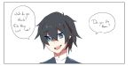  1boy bangs black_hair blue_eyes blue_horns colored comic darling_in_the_franxx english eyebrows_visible_through_hair hiro_(darling_in_the_franxx) horns male_focus melone_(melonenbrot) oni_horns open_mouth short_hair solo speech_bubble 