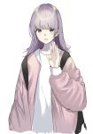  :d aquna backpack bag bangs blush commentary english_commentary hand_up jacket long_hair long_sleeves looking_at_viewer open_mouth original pink_jacket purple_eyes purple_hair shirt simple_background smile solo upper_body waving white_background white_shirt 