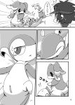  2016 audino blush comic crepix dialogue female feral greyscale group hi_res human japanese_text lying mammal monochrome nate_(pok&eacute;mon) nintendo on_back open_mouth pok&eacute;mon pok&eacute;mon_(species) pussy scalie snivy speech_bubble spread_legs spreading sweat text translation_request video_games 