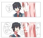  1boy 1girl bangs black_hair blue_eyes blue_horns blush colored comic couple darling_in_the_franxx english eyebrows_visible_through_hair eyes_closed green_eyes hetero hiro_(darling_in_the_franxx) horns long_hair long_sleeves looking_at_another melone_(melonenbrot) military military_uniform necktie oni_horns open_mouth pink_hair red_neckwear short_hair speech_bubble uniform zero_two_(darling_in_the_franxx) 