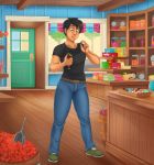 2018 black_hair candy catchabird clothed clothing comic detailed_background eating food footwear green_eyes hair human human_only jeans male mammal not_furry pants shirt shoes short_hair solo standing store 