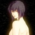  back black_background breasts cma_cmakuma commentary_request ghost_in_the_shell ghost_in_the_shell_stand_alone_complex glowing kusanagi_motoko lips looking_at_viewer looking_back lowres nape nipples parted_lips purple_hair red_eyes short_hair shoulder_blades sideboob solo static topless upper_body 