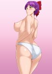  1girl bare_back blush bow breasts cat_girl from_behind gegege_no_kitarou looking_at_viewer looking_back nekomusume nekomusume_(gegege_no_kitarou_6) nipples no_bra panties pointy_ears purple_hair red_bow solo tomite topless underwear white_panties yellow_eyes 