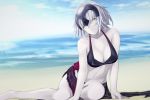  beach bikini black_bikini blurry breasts commentary_request day depth_of_field eyebrows_visible_through_hair fate/grand_order fate_(series) headpiece highres horizon jeanne_d'arc_(alter)_(fate) jeanne_d'arc_(fate)_(all) looking_at_viewer medium_breasts pale_skin parted_lips shore short_hair silver_hair solo swimsuit taka-chan yellow_eyes 