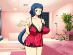  1girl bare_arms bare_legs bare_shoulders bed blue_hair breasts cleavage closed_mouth cowboy_shot erect_nipples garou_damenade green_eyes gundam gundam_build_fighters highres huge_breasts indoors iori_rinko legs lingerie long_hair long_ponytail looking_at_viewer milf plant ponytail red_clothes smile solo standing thighs very_long_hair wall 