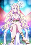  blonde_hair blue_eyes braid breasts cleavage dress elf forehead_jewel hair_ornament large_breasts long_hair looking_at_viewer multicolored multicolored_eyes no_game_no_life official_art pointy_ears purple_eyes sitting smile solo symbol-shaped_pupils sync_nilvalen very_long_hair 