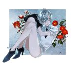  androgynous antarcticite camellia colored_eyelashes eyes_visible_through_hair flower full_body gem_uniform_(houseki_no_kuni) gloves high_heels houseki_no_kuni long_bangs necktie short_hair silver_eyes silver_hair smile solo white_eyes white_hair yooani 