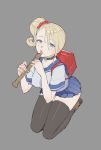  backpack bag black_legwear blonde_hair blue_eyes blue_sailor_collar blue_skirt blush brown_footwear commentary english_commentary grey_background grey_shirt hair_ornament hair_scrunchie holding holding_instrument instrument licking looking_at_viewer mole mole_under_mouth one_side_up original pleated_skirt randoseru recorder red_scrunchie sailor_collar school_uniform scrunchie seiza serafuku sexually_suggestive shirt shoes short_hair short_sleeves simple_background sitting skirt solo thighhighs tim_loechner tongue tongue_out 