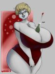  2019 anthro bare_shoulders between_breasts big_breasts blonde_hair blue_eyes bottle breasts chest_tuft cleavage clothed clothing dress eyewear female glasses hair hidden_(artist) huge_breasts mammal one_eye_closed short_hair smile solo thick_bottom_lip thick_thighs tuft ursine voluptuous wide_hips 