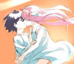  1boy 1girl bangs black_hair canata_katana couple darling_in_the_franxx eyes_closed face-to-face facing_another flower forehead-to-forehead green_eyes hair_flower hair_ornament hand_on_another&#039;s_shoulder hetero hiro_(darling_in_the_franxx) horns hug kiss long_hair looking_at_another nightgown oni_horns pajamas pink_hair red_horns short_hair white_pajamas zero_two_(darling_in_the_franxx) 