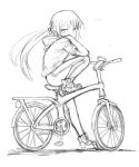  bicycle bicycle_seat greyscale ground_vehicle highres hood hoodie long_hair looking_at_viewer monochrome original ponytail shoes simple_background sitting sketch sleeves_rolled_up sneakers solo sookmo wheel white_background work_in_progress 