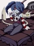  1girl bare_shoulders bed blue_skin breasts detached_collar detached_sleeves dress female hair_over_one_eye leviathan_(skullgirls) monster_girl side_ponytail skullgirls squigly_(skullgirls) stitched_mouth stitches striped striped_sleeves zombie 