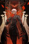  antonio_salieri_(fate/grand_order) ascot black_gloves black_suit breast_pocket cloak commentary_request fate/grand_order fate_(series) formal gloves highres lack long_sleeves looking_at_viewer pocket pocket_square red_eyes striped_suit suit sword weapon white_hair 