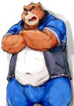  2015 barazoku bear blush bulge clothed clothing crossed_arms cum_through_clothing erection front_view fully_clothed grizzly_bear juuichi_mikazuki kemono kotobuki looking_aside male mammal morenatsu muscular obese overweight precum simple_background solo sweat white_background 