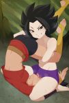  ass bike_shorts black_eyes black_hair blush caulifla cunnilingus cunnilingus_through_clothes dragon_ball dragon_ball_super groin highres kale_(dragon_ball) licking merunyaa multiple_girls oral smile yuri 