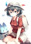  absurdres alternate_legwear backpack bag black_hair black_legwear blue_eyes commentary eyebrows_visible_through_hair food hair_between_eyes hat hat_feather highres japari_bun japari_symbol kaban_(kemono_friends) kanzakietc kemono_friends looking_at_viewer lucky_beast_(kemono_friends) red_shirt shirt short_hair short_sleeves shorts simple_background sitting smile socks wariza white_background white_hat white_shorts 