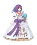  alternate_costume arm_ribbon bare_shoulders blue_flower blue_rose bouquet closed_mouth detached_collar dress expressionless fire_emblem fire_emblem:_akatsuki_no_megami fire_emblem:_souen_no_kiseki fire_emblem_heroes flower formal frills full_body headband highres holding holding_bouquet long_sleeves looking_at_viewer medium_hair non-web_source official_art purple_hair purple_ribbon ribbon rose sanaki_kirsch_altina solo tassel tomioka_jirou transparent_background wedding_dress white_dress yellow_eyes yellow_ribbon 