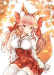  animal animal_ear_fluff animal_ears animal_on_shoulder autumn_leaves bangs blush bow breasts closed_mouth collarbone commentary_request eyebrows_visible_through_hair fate/extra fate/grand_order fate_(series) fingernails fox fox_ears fox_girl fox_tail hair_between_eyes hair_bow hair_ribbon hakama hakama_skirt hand_up highres japanese_clothes large_breasts leaf long_hair long_sleeves looking_at_viewer melings_(aot2846) miko pink_hair red_bow red_hakama revision ribbon ribbon-trimmed_sleeves ribbon_trim sitting sleeves_past_wrists smile solo tail tamamo_(fate)_(all) tamamo_no_mae_(fate) thighhighs twintails very_long_hair white_background white_legwear wide_sleeves yellow_eyes 