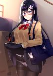  bag bag_charm black_hair bow charm_(object) commentary_request crotch_seam flower glasses hair_bow hair_flower hair_ornament kaerunoashi long_hair original panties panties_under_pantyhose pantyhose school_bag skirt skirt_lift smartphone_case solo sweater underwear 