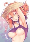  ahoge armpits arms_up blush breasts fate/grand_order fate_(series) fujimaru_ritsuka_(female) hair_ornament hair_scrunchie highres looking_at_viewer medium_breasts nipples one_eye_closed one_side_up open_mouth orange_eyes orange_hair orange_scrunchie scrunchie short_hair solo sweat tank_top undressing wisespeak 