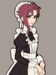  alternate_costume apron asymmetrical_hair black_dress brown_eyes closed_mouth commentary_request dress enmaided genderswap genderswap_(mtf) grey_background jojo_no_kimyou_na_bouken juliet_sleeves kakyouin_noriaki kotatsu_(g-rough) long_sleeves maid maid_apron maid_dress maid_headdress puffy_sleeves red_hair sidelocks simple_background sketch solo standing stardust_crusaders victorian_maid white_apron 