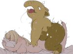  1boy 1girl animal_ears barefoot bestiality blonde_hair blush breasts drooling drowzee feet from_side full_body furry gamukami gen_1_pokemon green_eyes half-closed_eyes hetero large_breasts legs_up long_hair looking_up lusamine_(pokemon) lying mature milf nude on_bed on_stomach pillow pokemon pokemon_(creature) pokemon_(game) pokemon_sm rolling_eyes saliva sex shiny_skin simple_background sweat textless tongue tongue_out trembling white_background white_eyes 