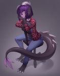  2018 barefoot belly_scales breasts camisole clothing dragon female flannel_shirt hair horn iwbitu jeans looking_at_viewer non-mammal_breasts pants purple_eyes purple_hair purple_scales scales scalie sitting sitting_backwards solo spikes yubi_clearsky 