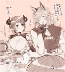  1boy 2girls ^_^ anger_vein animal_ears animal_print apollonia_vaar arm_rest beer_mug blush bowl breasts cleavage closed_eyes collarbone cow_ears cow_horns cross cross_earrings cup directional_arrow drang_(granblue_fantasy) draph drinking_glass earrings eno_yukimi erune eyebrows_visible_through_hair food fork gloves granblue_fantasy hair_over_one_eye hand_up holding holding_fork horns huge_breasts jewelry leopard_print long_hair long_sleeves looking_at_another looking_to_the_side monochrome multiple_girls open_mouth pointy_ears pout salad shiny shiny_hair short_hair shoulder_armor sidelocks sitting smile spaulders spoken_ellipsis sturm_(granblue_fantasy) sushi table talking translation_request wavy_hair 