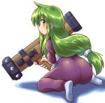  arm_support ass bazooka blush commentary_request eyebrows_visible_through_hair from_behind full_body ganbare_goemon green_eyes green_hair highres holding holding_weapon long_hair looking_at_viewer looking_back low-tied_long_hair m.m ninja shiny shiny_hair sidelocks sitting smile solo very_long_hair wariza weapon yae_(ganbare_goemon) 