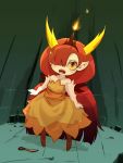  bangs bare_arms bare_shoulders blunt_bangs blush brown_footwear demon_girl demon_horns dress fangs fire full_body grey_skin hair_between_eyes hair_over_one_eye hekapoo high_heels highres horns kolshica legs_apart long_hair open_mouth orange_eyes pointy_ears red_hair sash scissors simple_background solo standing star_vs_the_forces_of_evil strapless strapless_dress teeth tiara tongue very_long_hair white_background yellow_dress yellow_sclera 