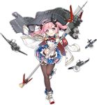  ahoge aircraft armband azur_lane black_legwear cannon detached_sleeves full_body hair_ribbon headband looking_at_viewer military_jacket official_art pantyhose pink_hair remodel_(azur_lane) ribbon saratoga_(azur_lane) saru solo staff transparent_background twintails 