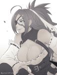  ahoge bare_shoulders belt blue_eyes breasts cleavage collar collarbone commentary detached_sleeves eyepatch facial_scar fate/grand_order fate_(series) francis_drake_(fate) frills greyscale koyorin large_breasts long_hair monochrome scar smile solo tied_hair wide_sleeves 