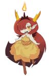  :d bangs bare_arms bare_shoulders blunt_bangs brown_footwear demon_girl demon_horns dress eyebrows eyelashes fangs fire full_body hair_over_one_eye half-closed_eyes hekapoo high_heels highres horns kolshica legs_apart long_hair open_mouth orange_eyes pointy_ears red_hair sash simple_background smile solo star_vs_the_forces_of_evil strapless strapless_dress teeth tiara very_long_hair white_background yellow_dress yellow_sclera 