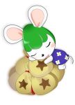  animal_ears closed_eyes doubutsu_no_mori flower furry gakushuusouchi_(user_cfjj4237) green_hair money moneybag mouse_ears mouse_girl mouse_tail no_humans open_mouth sara_(doubutsu_no_mori) simple_background sleeping solo star tail white_background 