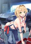  :d ahoge ass bare_shoulders bent_over bikini blonde_hair blush breasts car cleavage earrings fate/grand_order fate_(series) gedou_(shigure_seishin) green_eyes ground_vehicle highres holding jewelry large_breasts long_hair looking_at_viewer mazda_rx-8 motor_vehicle nero_claudius_(fate)_(all) nero_claudius_(swimsuit_caster)_(fate) open_mouth overalls side-tie_bikini sideboob smile solo swimsuit teeth thong tools twintails underboob wrench 