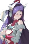  angry armor bare_shoulders biting blade blue_eyes blush breasts cleavage covering covering_breasts crazyzhuozhuo crying crying_with_eyes_open embarrassed eyes_visible_through_hair high_collar highres irelia jhin large_breasts league_of_legends lip_biting long_hair looking_at_viewer parted_lips purple_hair reflection shirt simple_background solo tears teeth tiara torn_clothes torn_shirt upper_body v-shaped_eyebrows vambraces very_long_hair when_you_see_it white_background 