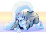  2018 all_fours anthro ass_up blue_eyes breasts canine clothed clothing digital_media_(artwork) doggadee female fox fur hair licking licking_lips long_hair looking_at_viewer mammal simple_background tongue tongue_out 