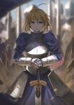  absurdres ahoge armor armored_dress army artoria_pendragon_(all) bangs blonde_hair blue_eyes blurry blurry_background breastplate closed_mouth commentary_request cowboy_shot depth_of_field excalibur eyebrows_visible_through_hair faiz_azhar fate/grand_order fate_(series) faulds gauntlets hair_between_eyes hands_on_hilt helmet highres holding holding_sword holding_weapon juliet_sleeves long_sleeves looking_at_viewer puffy_sleeves saber soldier solo_focus sword weapon 