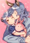  1girl :x animal_ears bangs blue_dress blue_hair blue_shirt blush closed_eyes closed_mouth collared_shirt cow_ears cow_horns drang_(granblue_fantasy) dress eno_yukimi erune eyebrows_visible_through_hair father_and_daughter flying_sweatdrops granblue_fantasy head_tilt heart holding holding_stuffed_animal horns hug if_they_mated kiss long_hair long_sleeves looking_at_viewer one_eye_closed orange_eyes pink_background pointy_ears shiny shiny_hair shirt short_hair short_sleeves simple_background stuffed_animal stuffed_bunny stuffed_toy upper_body wavy_hair 