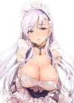  :o apron azur_lane bangs bare_shoulders belfast_(azur_lane) blue_eyes braid breasts chain cleavage collar collarbone commentary_request corset covered_nipples eyebrows_visible_through_hair french_braid frilled_apron frilled_gloves frills gloves highres large_breasts low-cut maid maid_apron maid_headdress open_mouth see-through silver_hair thomasz white_apron white_gloves 