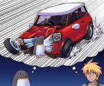  blonde_hair blue_background car commentary_request crash ground_vehicle hijikata-san_(m.m) imagining koshirae_kenji m.m motor_vehicle original shared_thought_bubble short_hair sweat tank_top thought_bubble 