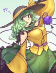  :d adapted_costume arm_up bare_shoulders black_hat bow breasts commentary cowboy_shot english_commentary eyebrows_visible_through_hair frilled_shirt_collar frills gradient gradient_background green_background green_eyes green_hair green_skirt hat hat_bow hater_(hatater) heart komeiji_koishi large_breasts long_hair long_sleeves looking_at_viewer open_mouth petticoat shirt shoulder_cutout skirt sleeves_past_wrists smile solo standing stitches third_eye touhou wavy_hair white_background wide_sleeves yellow_bow yellow_shirt 