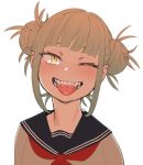  artist_name blush boku_no_hero_academia commentary double_bun fangs_out gradient_hair messy_hair multicolored_hair neckerchief nhadraw one_eye_closed school_uniform serafuku short_hair simple_background smile solo toga_himiko tongue tongue_out upper_body white_background yellow_eyes 