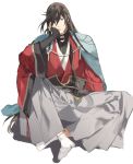  black_hair blue_eyes chin_rest hakama haori izumi-no-kami_kanesada japanese_clothes long_hair looking_at_viewer male_focus okki2012 sitting solo tabi touken_ranbu very_long_hair wide_sleeves 