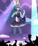  &lt;3 2018 anthro blue_eyes blue_fur bow_tie breasts canine clothing cosplay crossgender dress female fox fur fur_markings hair hatsune_miku here-kitty--kitty holding_object legwear long_hair looking_at_viewer mammal markings microphone one_eye_closed open_mouth pigtails roflfox singing solo standing stockings v_sign vocaloid white_fur wink wrist_cuff 