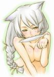  :3 animal_ears bad_id bad_pixiv_id black_hanekawa blush braid breasts cat_ears cleavage fish hair_ornament hairclip hanekawa_tsubasa izayan large_breasts long_hair monogatari_(series) mouth_hold nude paw_pose silver_hair sketch slit_pupils smile solo whiskers yellow_eyes 