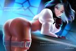  1girl ass black_hair blush bodysuit breasts clothed curvy custom_waifus final_fantasy final_fantasy_ix garnet_til_alexandros_xvii gloves huge_ass large_breasts leaning_forward lips looking_at_viewer looking_back purple_eyes short_hair solo square_enix square_soft thick_thighs thigh_belt wide_hips 