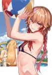  arms_up ball beachball bikini_top black_bikini_top blonde_hair blurry braid brown_hair casual_one-piece_swimsuit commentary_request day depth_of_field eyebrows_visible_through_hair flat_chest futaba_anzu grin highres idolmaster idolmaster_cinderella_girls jougasaki_rika long_hair looking_at_viewer muchi_maro multicolored_hair multiple_girls ninomiya_asuka nipple_slip nipples one-piece_swimsuit outdoors outside_border pink_hair red_hair sidelocks smile swimsuit twin_braids two-tone_hair two_side_up 