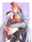  1girl :o anger_vein animal_ears animal_print ass ass_grab bangs between_breasts black_footwear blue_hair blue_shirt blush boots border breasts cape closed_eyes commentary_request cow_ears cow_horns cross cross_earrings curvy drang_(granblue_fantasy) draph earrings elbow_gloves elbow_pads eno_yukimi erune eyebrows_visible_through_hair gloves granblue_fantasy hand_on_another's_shoulder head_between_breasts heart holding_person hood hood_down hooded_cape horns hug huge_breasts jewelry knee_pads leopard_print leotard long_hair long_sleeves looking_at_another orange_eyes outside_border pointy_ears purple_background red_cape red_gloves red_hair red_leotard shiny shiny_hair shiny_skin shirt short_hair shoulder_armor shoulder_blades sidelocks spaulders standing star starry_background sturm_(granblue_fantasy) thigh_boots thighhighs v-shaped_eyebrows wavy_hair white_border 