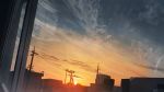  banishment blue_sky cloud commentary_request gradient_sky highres light_rays no_humans orange_sky original outdoors power_lines scenery sky sun sunset telephone_pole window 